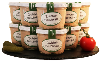 Weinbuchs Zwiebelfleischkäse Glas, Metzgerei Weinbuch, Öpfingen, Original Öpfinger Schwarzwurst, Franz Weinbuch, Schwarzwurstritter, Schwarzwurst, Blutwurst, Öpfingen, Donau, Wurstglas, Wurstkonserven