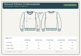Größentabelle für das Hiwwel-Edition Kinder-Sweatshirt aus Rheinhessen mit Front- und Rückenansicht sowie Maßen für Brustweite, Länge und Ärmellänge in den Größen 98-158