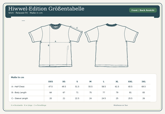 Größentabelle für das Hiwwel-Edition Rheinhessen-Shirt mit Front- und Rückenansicht sowie Maßen für Brustweite, Länge und Ärmellänge in den Größen XXS bis 3XL
