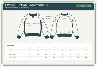 Größentabelle für das Hiwwel-Edition Rheinhessen-Sweatshirt mit Front- und Rückenansicht sowie Maßen für Brustweite, Länge und Ärmellänge in den Größen XXS bis 3XL