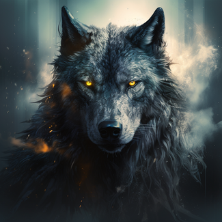Realistische Zeichnung Photographie eines mystischen Wolfes mit gelben leuchtenden Augen und aufgestellten spitzigen Ohren um ihn herum mystische Rauchschaden und leuchtende Lichtpunkte, im Hintergrund Nebel und Umrisse von Bäumen Wald