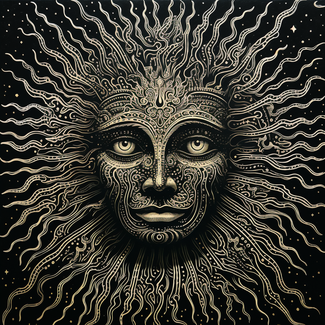 Schwarz weisse Linocut Illustration eines Sonnengesichts mit sehr ausdrucksstarken Augen, Tiefe und Schatten