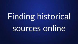 White text reading “Finding historical sources online” is centered on a plain dark blue background.
