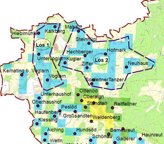Los 2 umfasst die Ortsteile Steinhügl, Hofmark, Strass und Obereichet (gelb/grün markiert sind Jägerwirth und Umgebung, wo bereits schnelles Internet ist). Quelle: Landratsamt Passau, Koordinierungsstelle