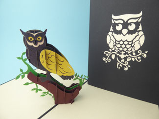 carte pop-up hibou sur sa branche anniversaire et fête