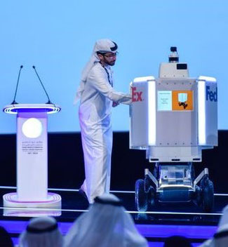 FedEx robot Roxo is presented at an event in Dubai  -  company courtesy