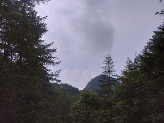 手前のぼっこりが源氏山。その背後に富士山のはずですがガスガス