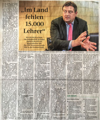 Staatssekretär Mathias Richter über die erledigten und angefangenen Aufgaben im Schulsystem NRW; RZ vom 28.1.2019