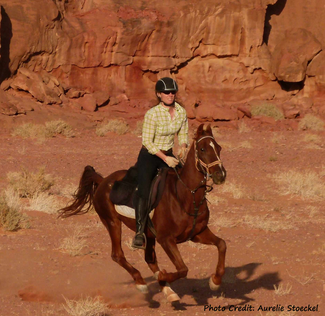 Elizabeth Dooher, DVM, enjoying galloping with Jordan Tracks in Wadi Rum, Jordan