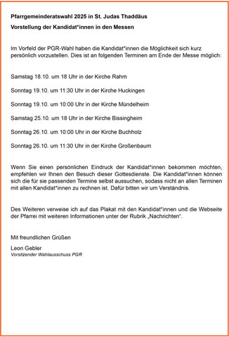Information zur Vorstellung der Kandidaten in den Gottesdiensten