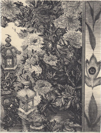 牡丹に石灯籠/銅版/雁皮刷り 20×15.5cm