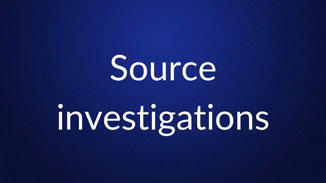 White text reading “Source investigations” is centered on a plain dark blue background.