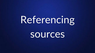 White text reading “Referencing sources” is centered on a plain dark blue background.