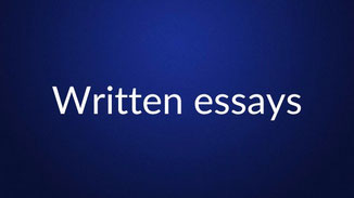White text reading “Written essays” is centered on a plain dark blue background.