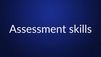 White text reading “Assessment skills” is centered on a plain dark blue background.