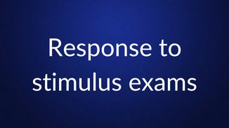 White text reading “Response to stimulus exams” is centered on a plain dark blue background.