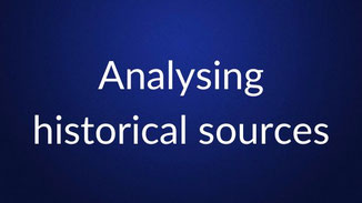White text reading “Analysing historical sources” is centered on a plain dark blue background.