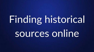 White text reading “Finding historical sources online” is centered on a plain dark blue background.