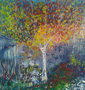 Silver Birch Tree in Autumn, painting by Sally McCaffrey