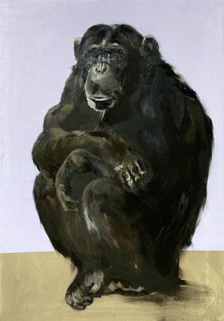 chimpanzee painting with a purple backgroud