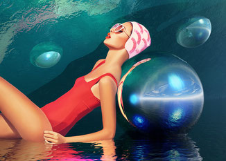 ilustración, surrealismo, baño, mujer, bañador rojo, 