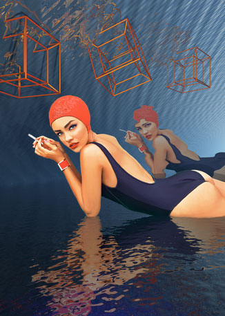 arte digital,surrealismo,baño,glamour,mujer,bañador,pool, DECAPÉ arte edigital