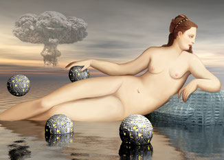 ilustración, clásico, mujer. desnudo, baño, sci fi, surrealismo