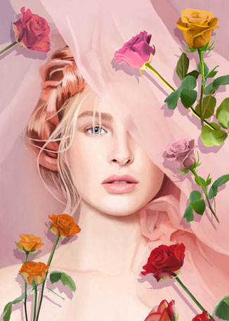 Ilustraciones románticas, retrato en rosa, romántico, mujer, rosas, belleza