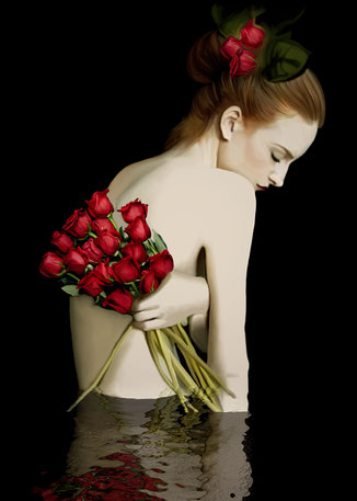 ilustración, digital, mujer, romántica, rosas, fondo negro, agua,reflejos,