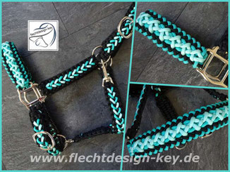Paracord Halfter, Flechthalfter schwarz, türkis, mint
