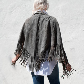 LARGE SUEDE  GREY SHAWL WITH FRINGES