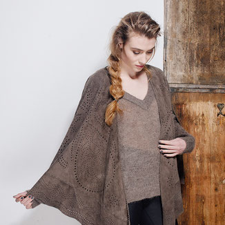 TAUPE SUEDE CAPE WITH ARMHOLES AND EMBROIDERY