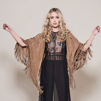 CAMEL SUEDE KIMONO WITH FRINGES