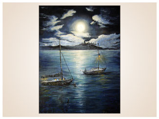 auftragsmalerei-inna-bredereck-oelgemaelde-oelfarbe-kunstwerk-galerie-boote-segelschiff-meer-vollmond-wolken