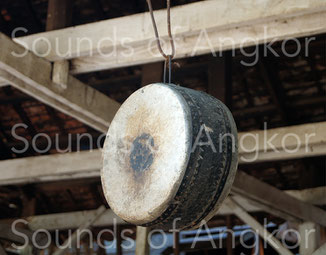 Frame drum used in the pagoda built on the archaeological site of Lolei. Cambodia.