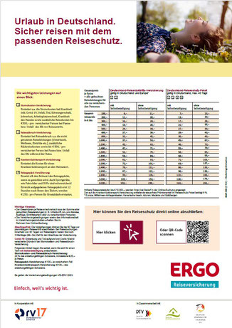 Muster eines ERGO Reiseversicherung Reiseschutz-PDF-Flyers für die Reiserücktritts-Versicherung für Urlaub in Deutschland