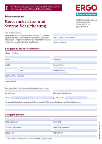 Schaden-Anzeige ERGO-Reiserücktritts-Versicherung
