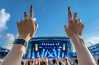 Hände recken bei einem Konzert in die Höhe. Die Eintrittskarten wurden mit einer Ticketversicherung der ERGO 