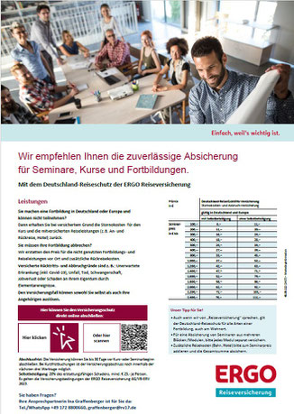 ERGO PDF-Flyer für die Reiserücktritts-Versicherung für Kurs-Anbieter und Seminar-Unternehmen für Kursversicherung und Seminarversicherung