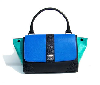 sac à main en cuir bleu et crocodile véritable fabriqué en très petite série par ml-sellier
