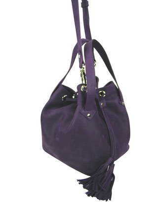 sac bourse ou sac seau en cuir aubergine made in france, haut de gamme