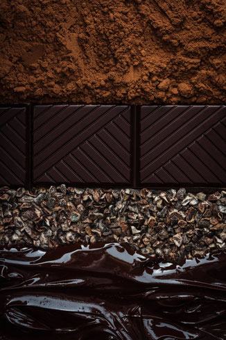 Tirage d’art de photographie culinaire représentant le chocolat sous plusieurs formes : tablette, grué, chocolat fondu, poudre de cacao
