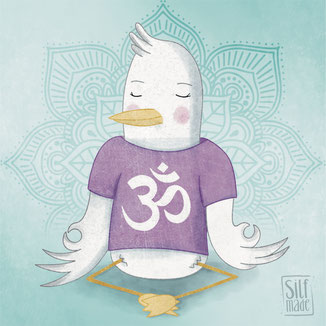 Illustration Yogamöwe Lilly im Meditationssitz