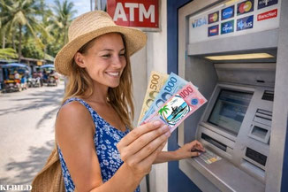 Frau im Sommerkleid hebt Geld vom Automaten ab