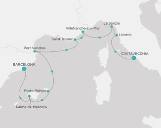 Reiseroute mit Crystal Symphony von Civitavecchia nach Barcelona
