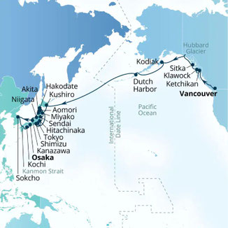 Routenkarte von Vancouver nach Osaka mit Seabourn Encore