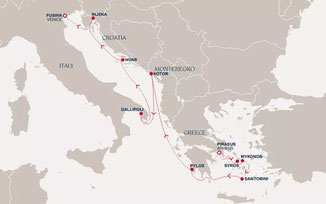 Reiseroute mit EXPLORA II von Piräus nach Fusina