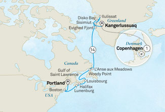 Routenkarte von Kopenhagen nach Portland mit Scenic Eclipse 