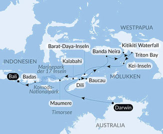 Routenkarte von Darwin (Australien) nach Benoa, Bali (Indonesien) mit Le Soléal