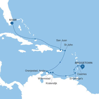 Reiseroute mit Silver Spirit von Miami nach Bridgetown